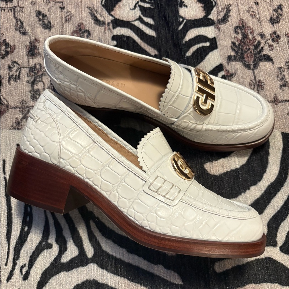 Cole Haan White and Gold Flats with Modern Loafer Design